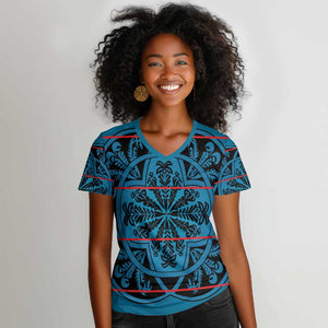 Basotho Blanket Women V-Neck T-Shirt Lesotho Kharetsa Seanamarena Heritage - Blue - African Pride