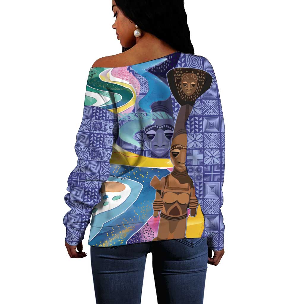 Nigeria Osun-Osogbo Festival Off Shoulder Sweater Oshun God - Yoruba Pattern - African Pride