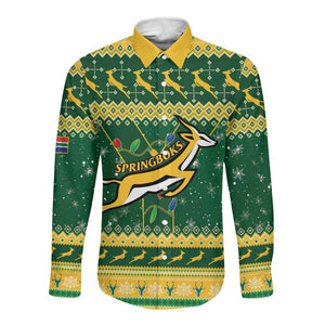 South Africa Christmas Rugby Long Sleeve Button Shirt Springboks Geseende Kersfees