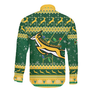 South Africa Christmas Rugby Long Sleeve Button Shirt Springboks Geseende Kersfees