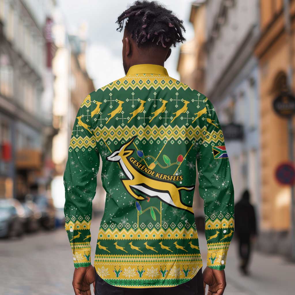 South Africa Christmas Rugby Long Sleeve Button Shirt Springboks Geseende Kersfees