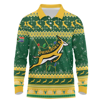 South Africa Christmas Rugby Long Sleeve Polo Shirt Springboks Geseende Kersfees