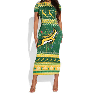 South Africa Christmas Rugby Short Sleeve Bodycon Dress Springboks Geseende Kersfees LT15