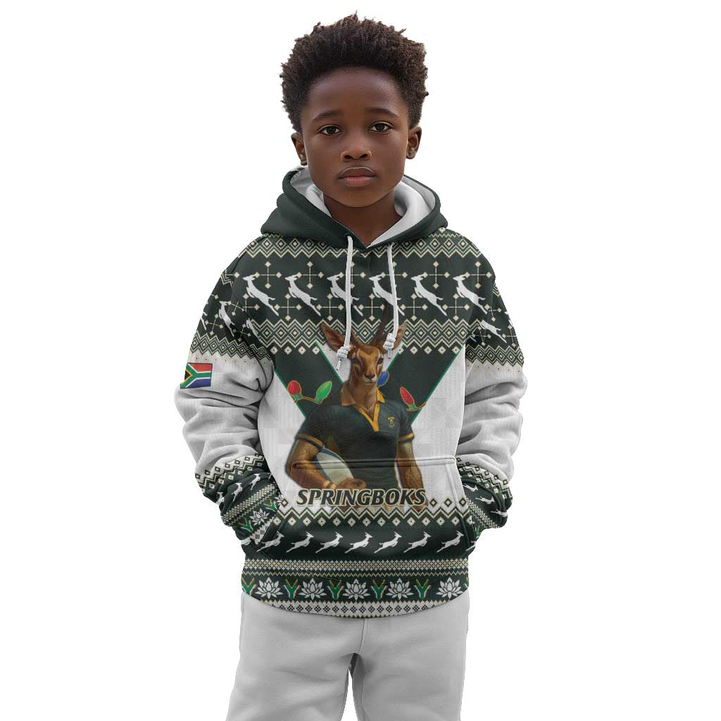 South Africa Christmas Rugby Kid Hoodie Springboks Mascot Mix African Pattern
