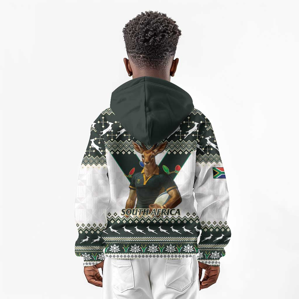 South Africa Christmas Rugby Kid Hoodie Springboks Mascot Mix African Pattern