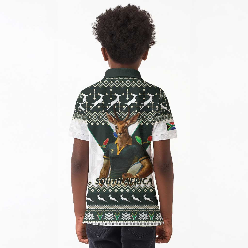 South Africa Christmas Rugby Kid Polo Shirt Springboks Mascot Mix African Pattern