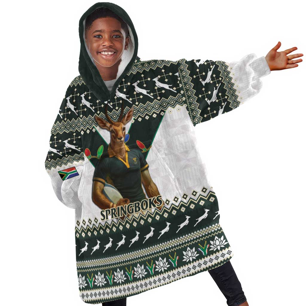 South Africa Christmas Rugby Kid Wearable Blanket Hoodie Springboks Mascot Mix African Pattern