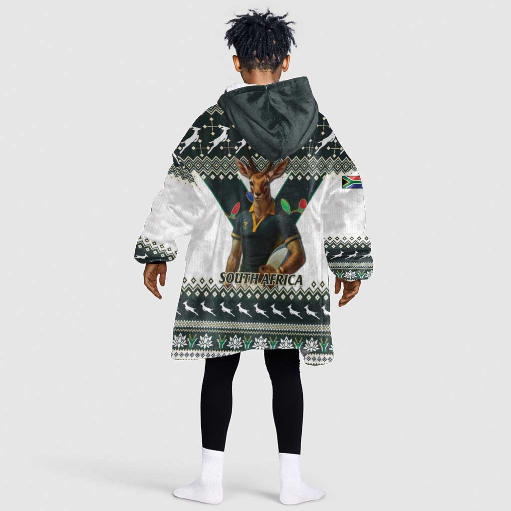 South Africa Christmas Rugby Kid Wearable Blanket Hoodie Springboks Mascot Mix African Pattern