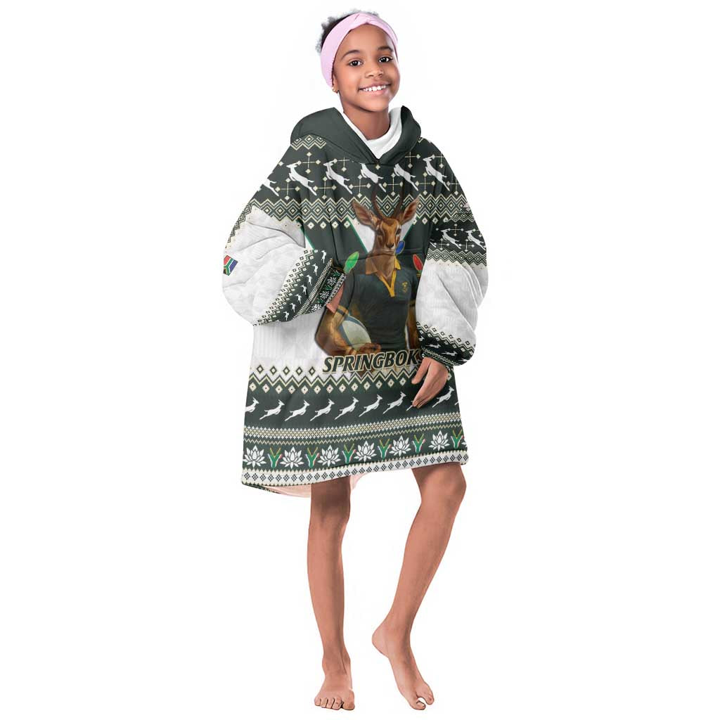 South Africa Christmas Rugby Kid Wearable Blanket Hoodie Springboks Mascot Mix African Pattern