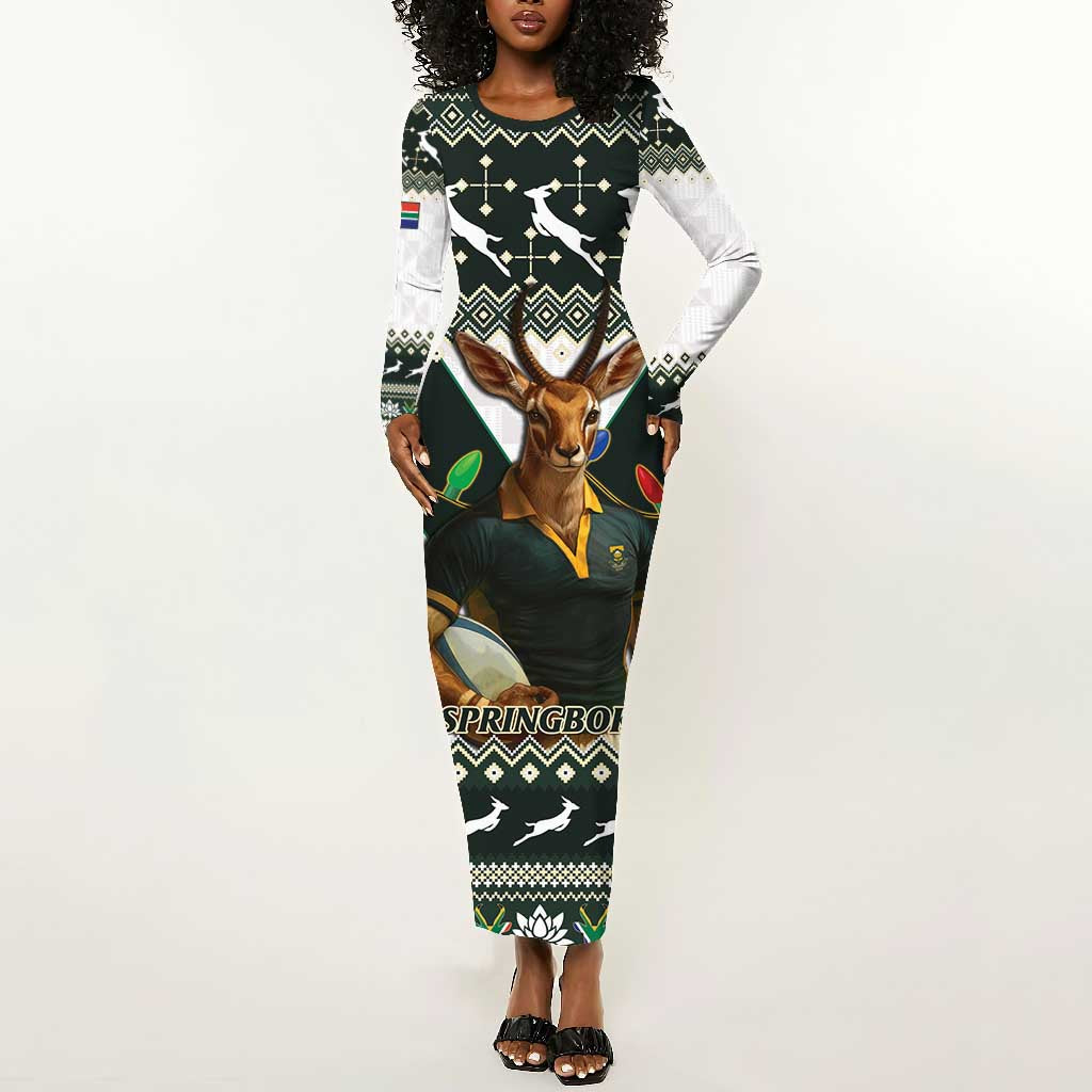 South Africa Christmas Rugby Long Sleeve Bodycon Dress Springboks Mascot Mix African Pattern LT15