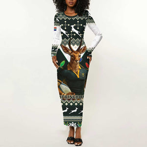 South Africa Christmas Rugby Long Sleeve Bodycon Dress Springboks Mascot Mix African Pattern LT15