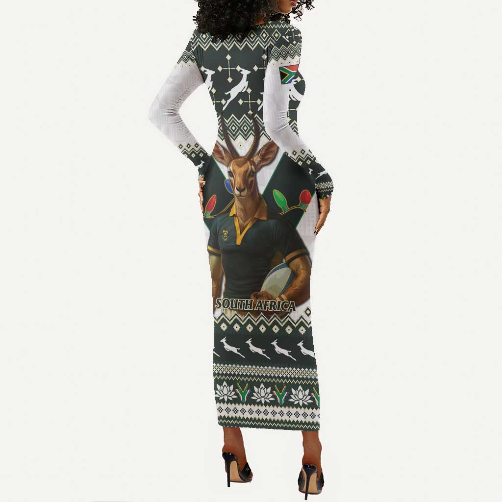 South Africa Christmas Rugby Long Sleeve Bodycon Dress Springboks Mascot Mix African Pattern LT15
