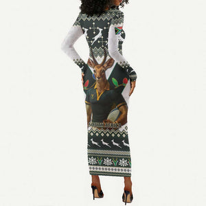 South Africa Christmas Rugby Long Sleeve Bodycon Dress Springboks Mascot Mix African Pattern LT15