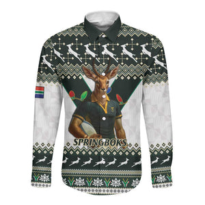 South Africa Christmas Rugby Long Sleeve Button Shirt Springboks Mascot Mix African Pattern
