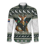 South Africa Christmas Rugby Long Sleeve Button Shirt Springboks Mascot Mix African Pattern