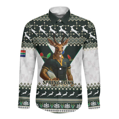 South Africa Christmas Rugby Long Sleeve Button Shirt Springboks Mascot Mix African Pattern