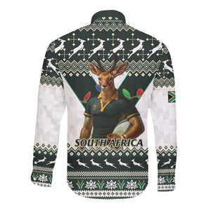 South Africa Christmas Rugby Long Sleeve Button Shirt Springboks Mascot Mix African Pattern