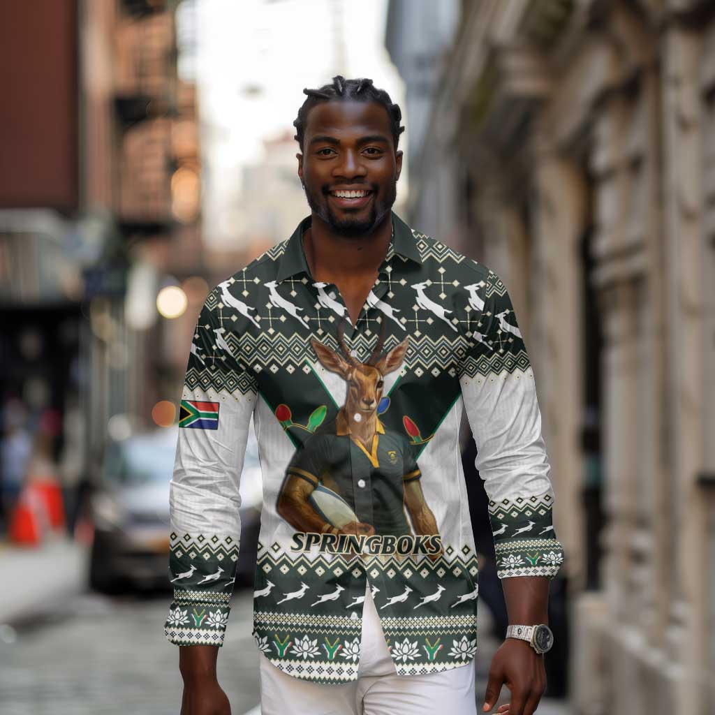 South Africa Christmas Rugby Long Sleeve Button Shirt Springboks Mascot Mix African Pattern