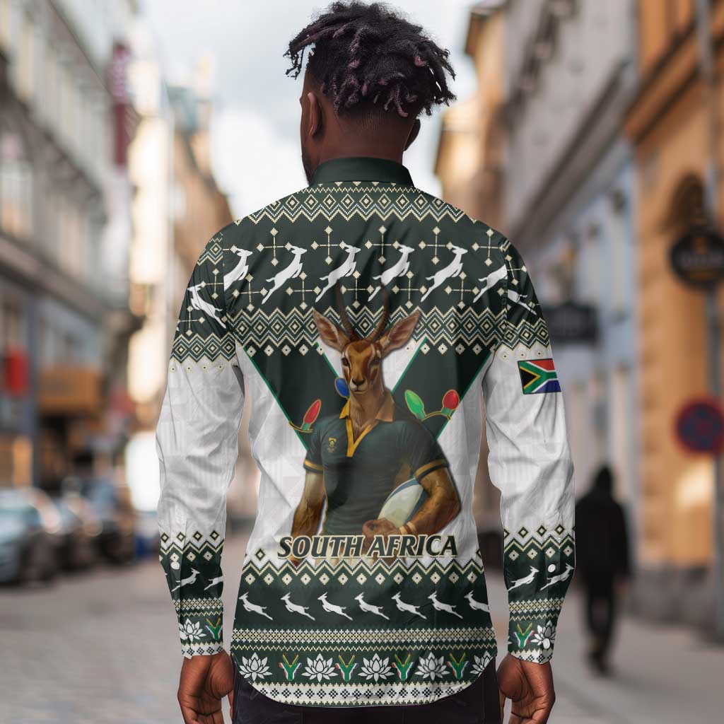 South Africa Christmas Rugby Long Sleeve Button Shirt Springboks Mascot Mix African Pattern