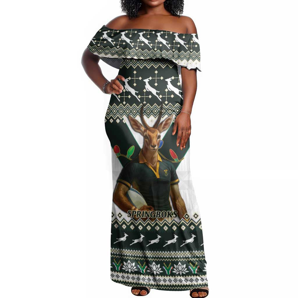 South Africa Christmas Rugby Off Shoulder Maxi Dress Springboks Mascot Mix African Pattern