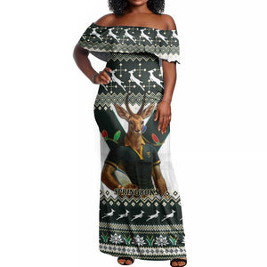 South Africa Christmas Rugby Off Shoulder Maxi Dress Springboks Mascot Mix African Pattern