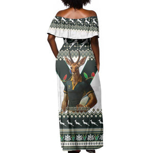 South Africa Christmas Rugby Off Shoulder Maxi Dress Springboks Mascot Mix African Pattern
