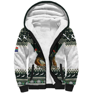 South Africa Christmas Rugby Sherpa Hoodie Springboks Mascot Mix African Pattern