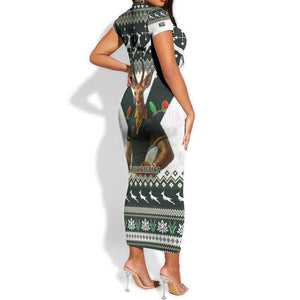 South Africa Christmas Rugby Short Sleeve Bodycon Dress Springboks Mascot Mix African Pattern LT15