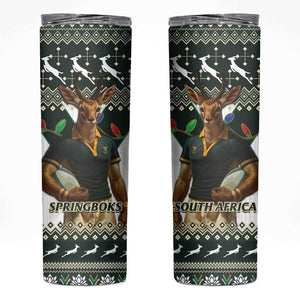 South Africa Christmas Rugby Skinny Tumbler Springboks Mascot Mix African Pattern