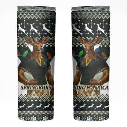South Africa Christmas Rugby Skinny Tumbler Springboks Mascot Mix African Pattern