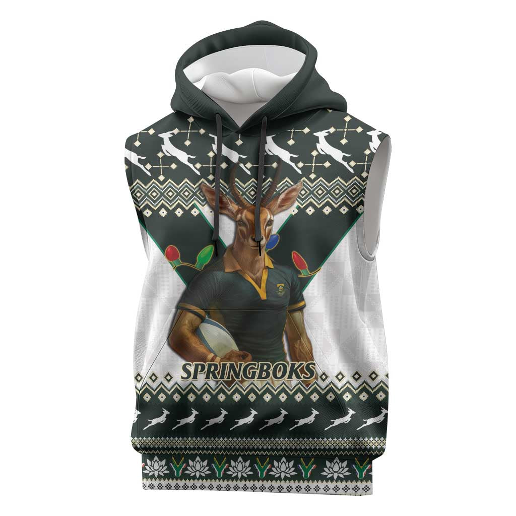 South Africa Christmas Rugby Sleeveless Hoodie Springboks Mascot Mix African Pattern - African Pride