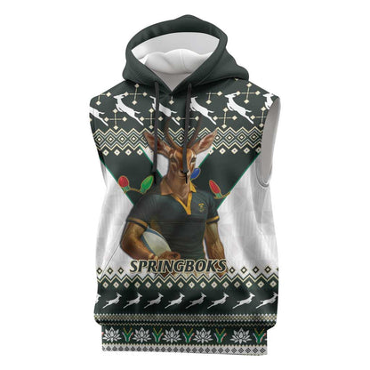 South Africa Christmas Rugby Sleeveless Hoodie Springboks Mascot Mix African Pattern - African Pride