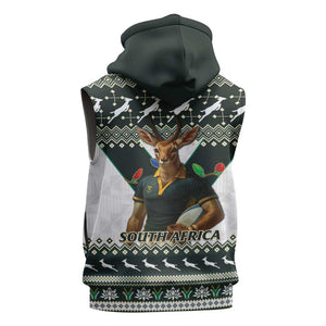 South Africa Christmas Rugby Sleeveless Hoodie Springboks Mascot Mix African Pattern - African Pride