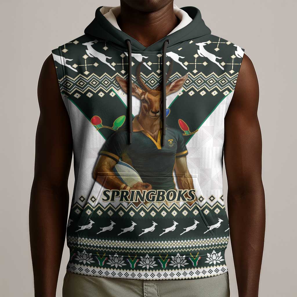 South Africa Christmas Rugby Sleeveless Hoodie Springboks Mascot Mix African Pattern - African Pride