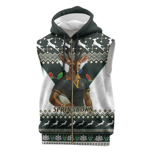 South Africa Christmas Rugby Sleeveless Zip Hoodie Springboks Mascot Mix African Pattern - African Pride
