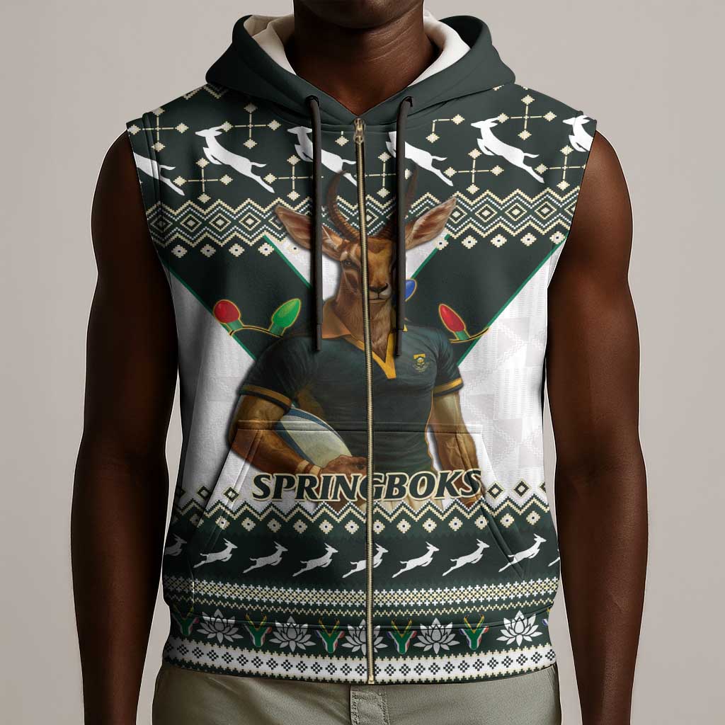 South Africa Christmas Rugby Sleeveless Zip Hoodie Springboks Mascot Mix African Pattern - African Pride