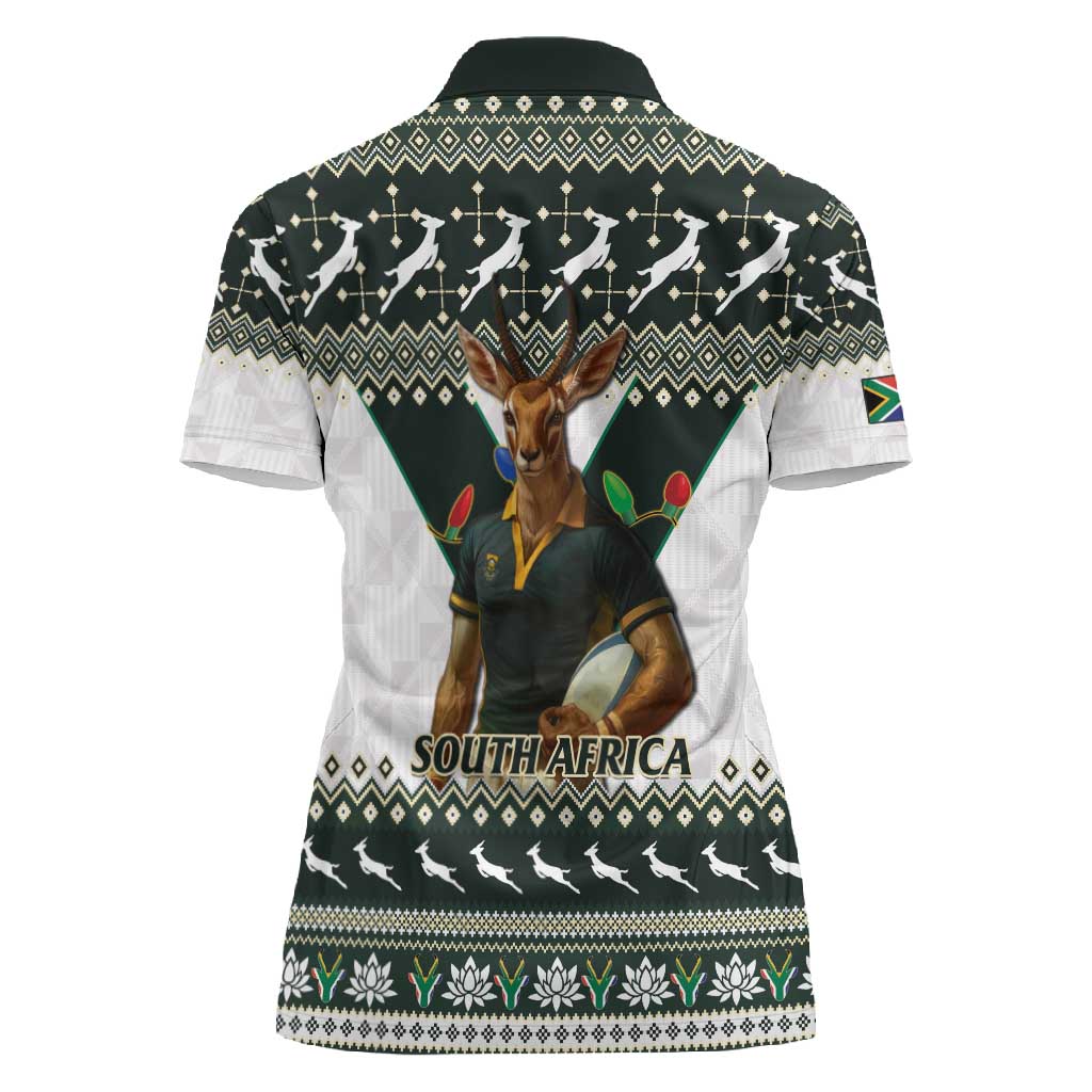South Africa Christmas Rugby Women Polo Shirt Springboks Mascot Mix African Pattern