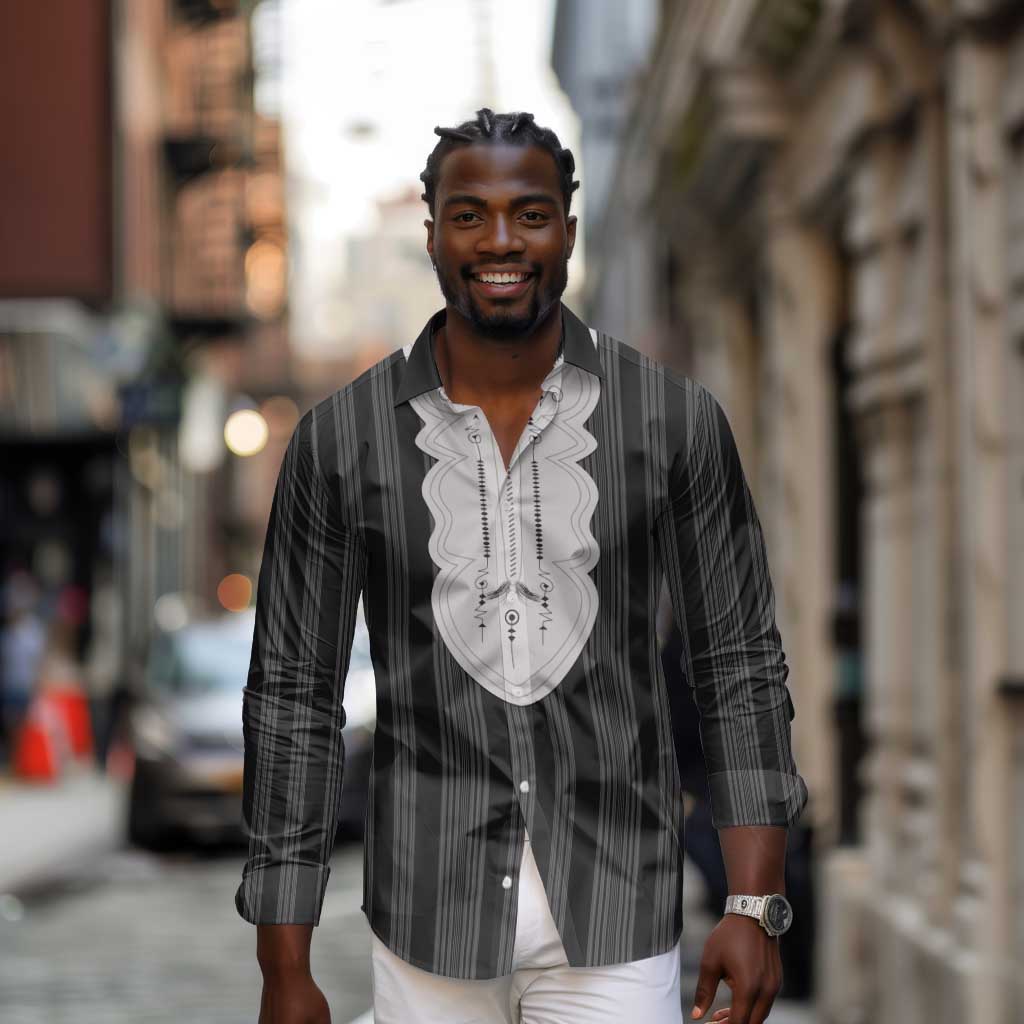 Liberia Kpelle Ethnic Heritage Pattern - Black Long Sleeve Button Shirt - African Pride