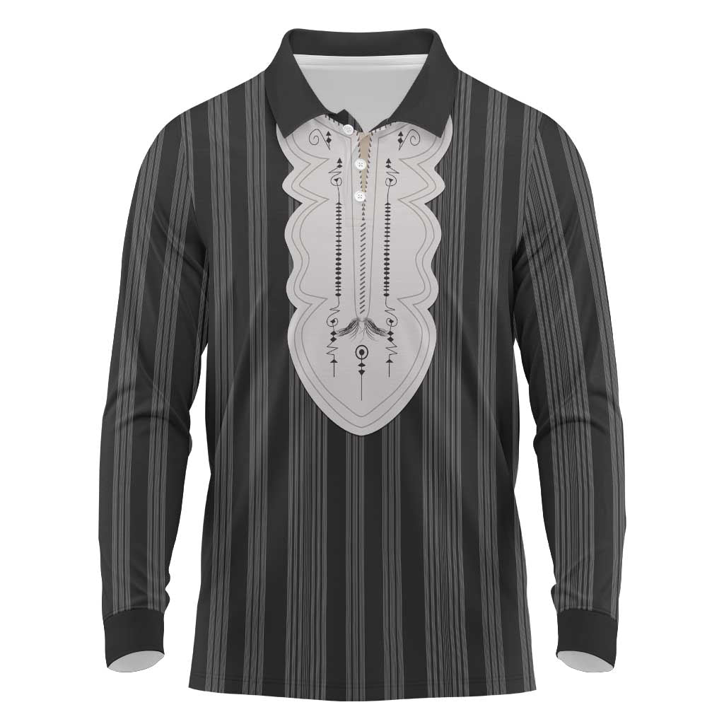 Liberia Kpelle Ethnic Heritage Pattern - Black Long Sleeve Polo Shirt - African Pride