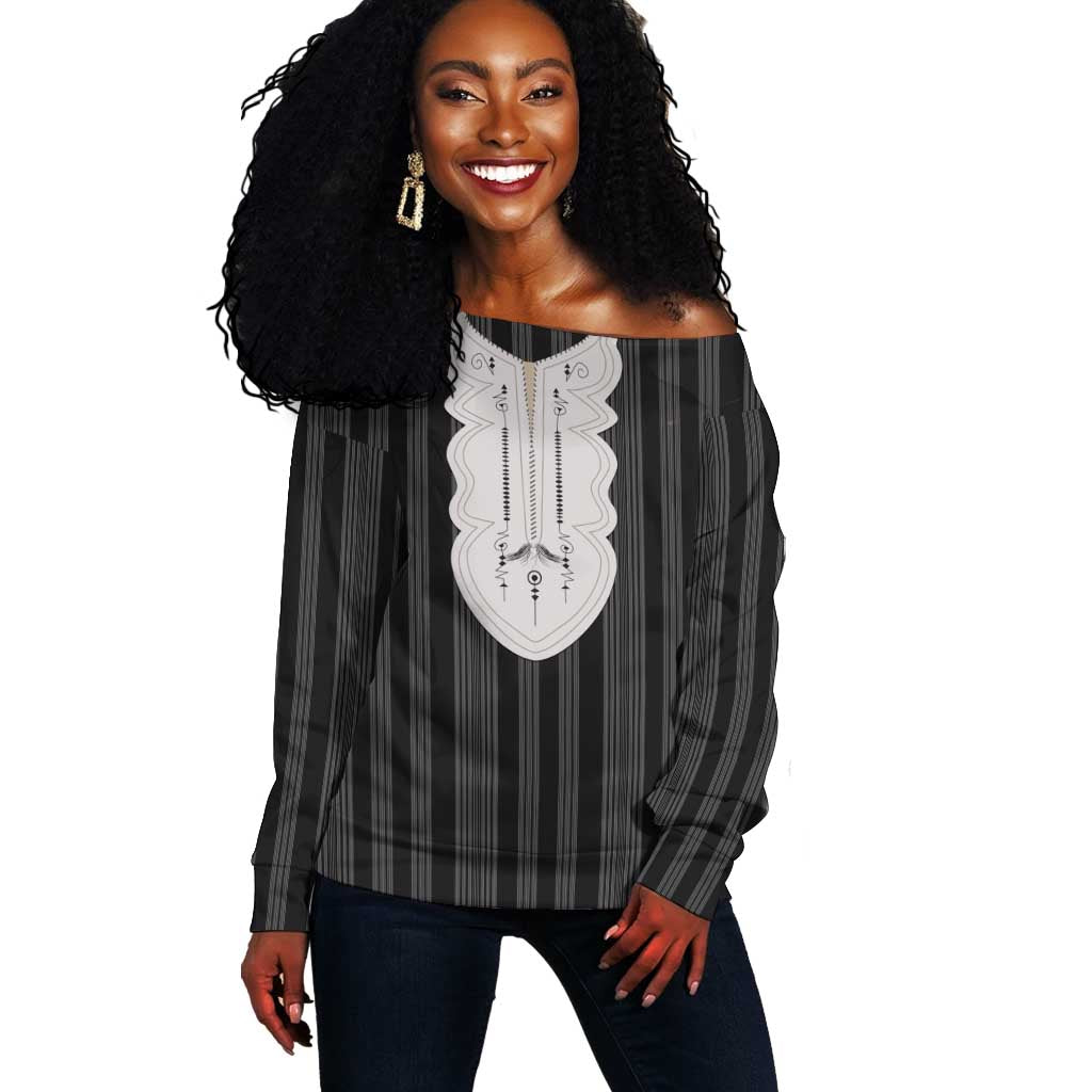 Liberia Kpelle Ethnic Heritage Pattern - Black Off Shoulder Sweater - African Pride