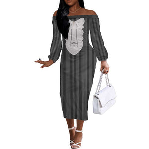 Liberia Kpelle Ethnic Heritage Pattern - Black Off The Shoulder Long Sleeve Dress - African Pride