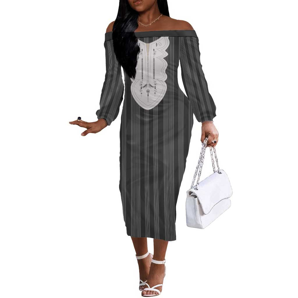 Liberia Kpelle Ethnic Heritage Pattern - Black Off The Shoulder Long Sleeve Dress - African Pride