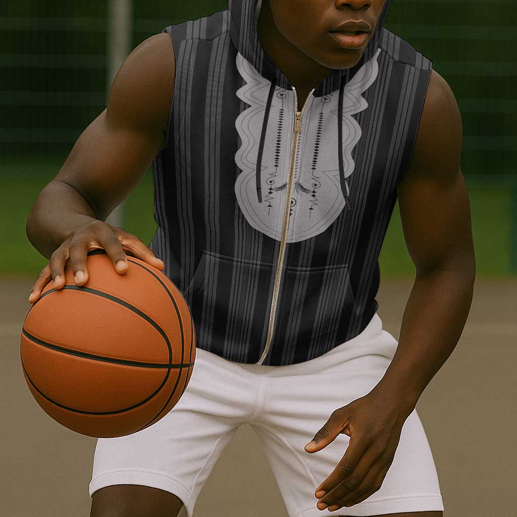 Liberia Kpelle Ethnic Heritage Pattern - Black Sleeveless Zip Hoodie - African Pride