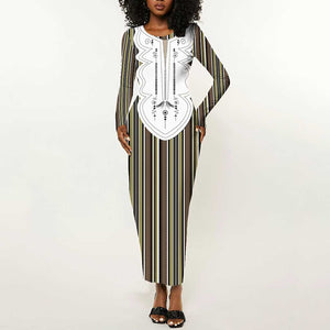 Liberia Kpelle Ethnic Heritage Pattern - Brown Long Sleeve Bodycon Dress - African Pride