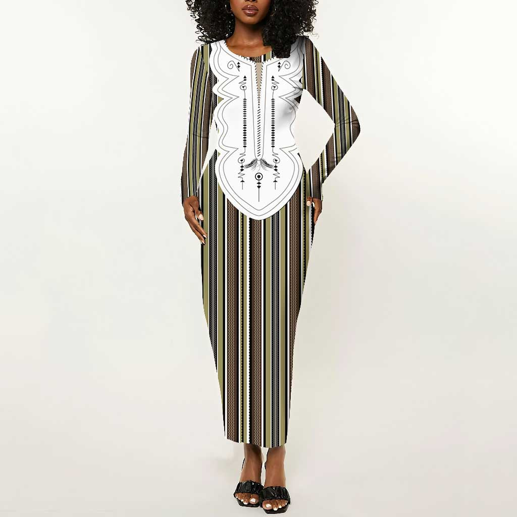 Liberia Kpelle Ethnic Heritage Pattern - Brown Long Sleeve Bodycon Dress - African Pride