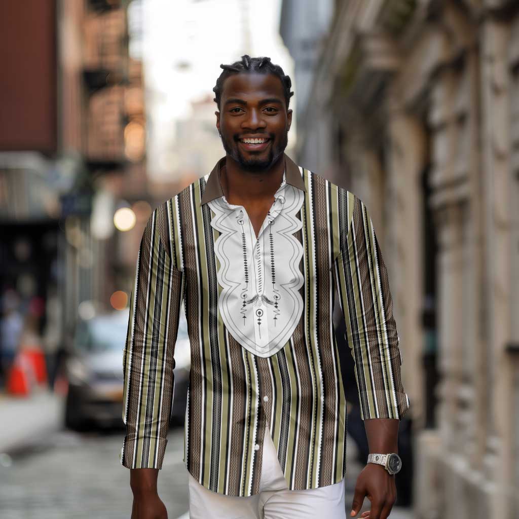 Liberia Kpelle Ethnic Heritage Pattern - Brown Long Sleeve Button Shirt - African Pride