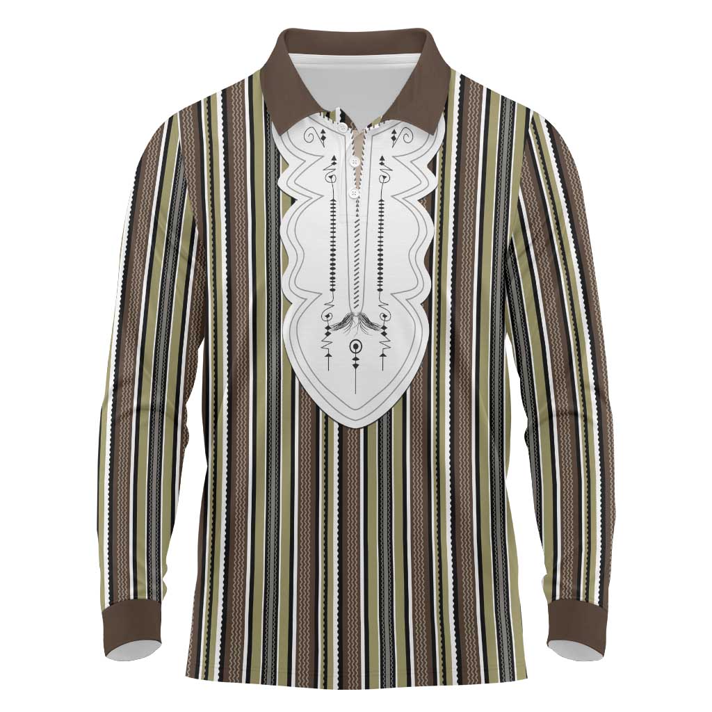 Liberia Kpelle Ethnic Heritage Pattern - Brown Long Sleeve Polo Shirt - African Pride