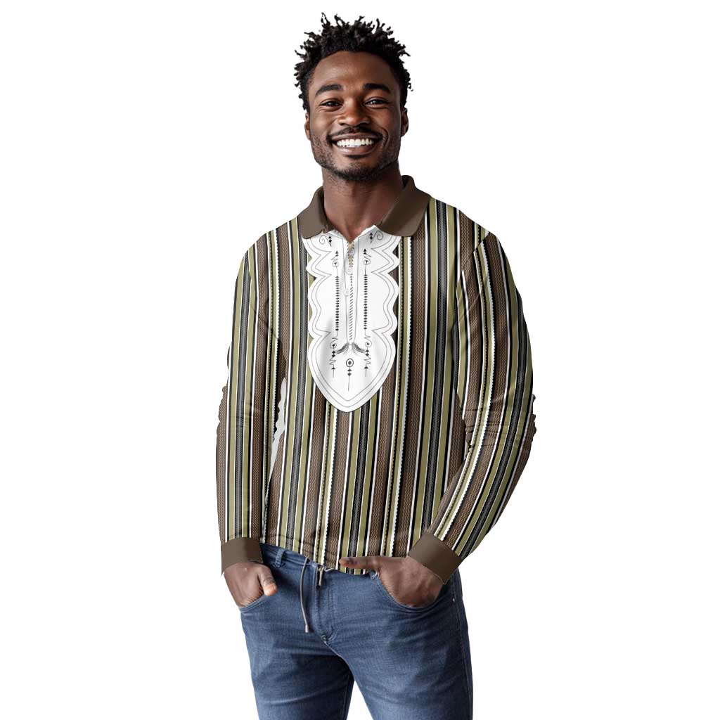 Liberia Kpelle Ethnic Heritage Pattern - Brown Long Sleeve Polo Shirt - African Pride
