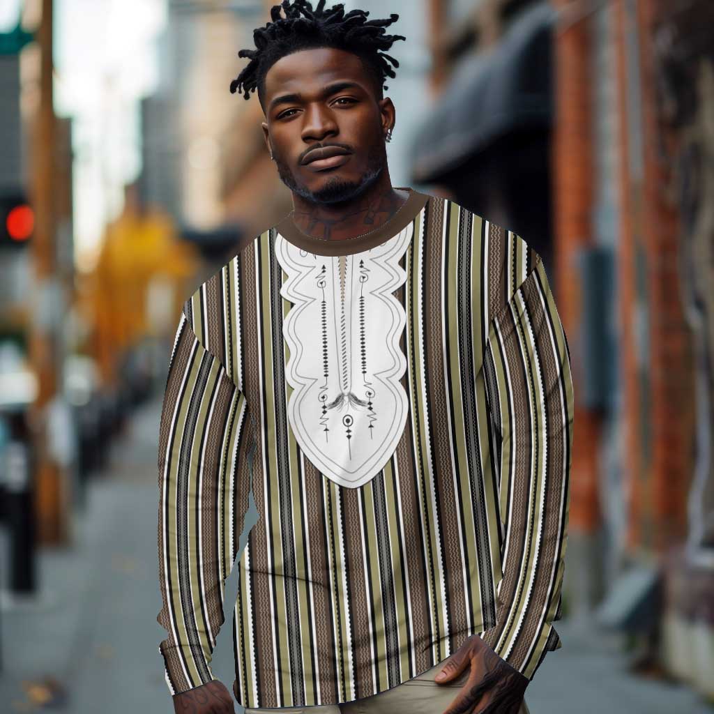 Liberia Kpelle Ethnic Heritage Pattern - Brown Long Sleeve Shirt - African Pride