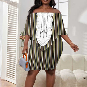 Liberia Kpelle Ethnic Heritage Pattern - Brown Off Shoulder Short Dress - African Pride